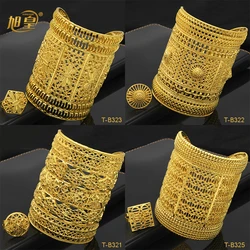 XUHUANG Dubai Ethiopia 24K Gold Color Hollow Bangle With Ring For Women Arabic Luxury Charm Copper Bangles Party Jewelry Gifts
