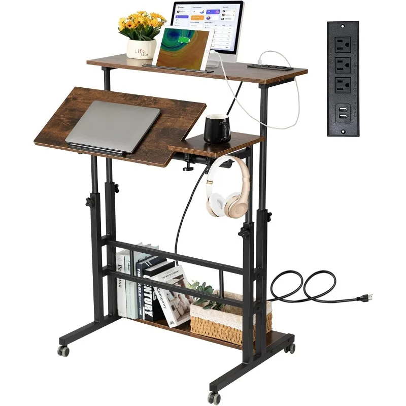 

Mobile Standing Desk with Charging Station, Stand Up Laptop Desk Mobile Workstation for Home Office Classroom with Whee