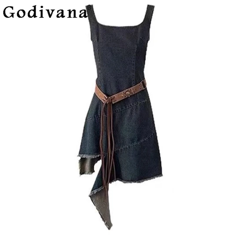 

Denim Retro Blue Elegant Square Neck Suspender Dress Summer Cool Girls Irregular Age Reduction Personality Versatile Dresses