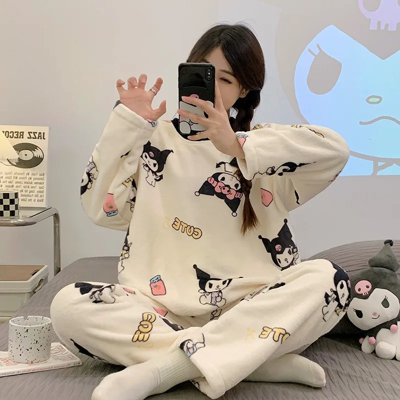 산리오스 쿠로미 여성용 투피스 잠옷, 플란넬 풀오버 긴팔 바지, 만화, 편안하고 따뜻한 가정 의류, 겨울 신상