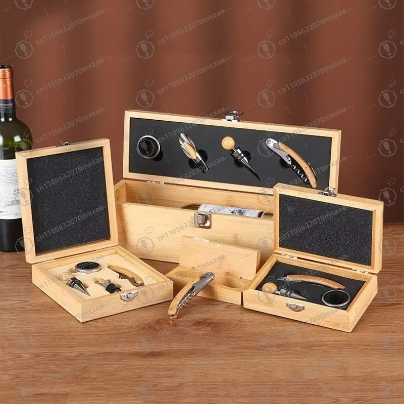 

Luxury bamboo and wood gift box, red wine bottle opener set, hippocampus knife wine pusher, mildew-proof and waterproof model.