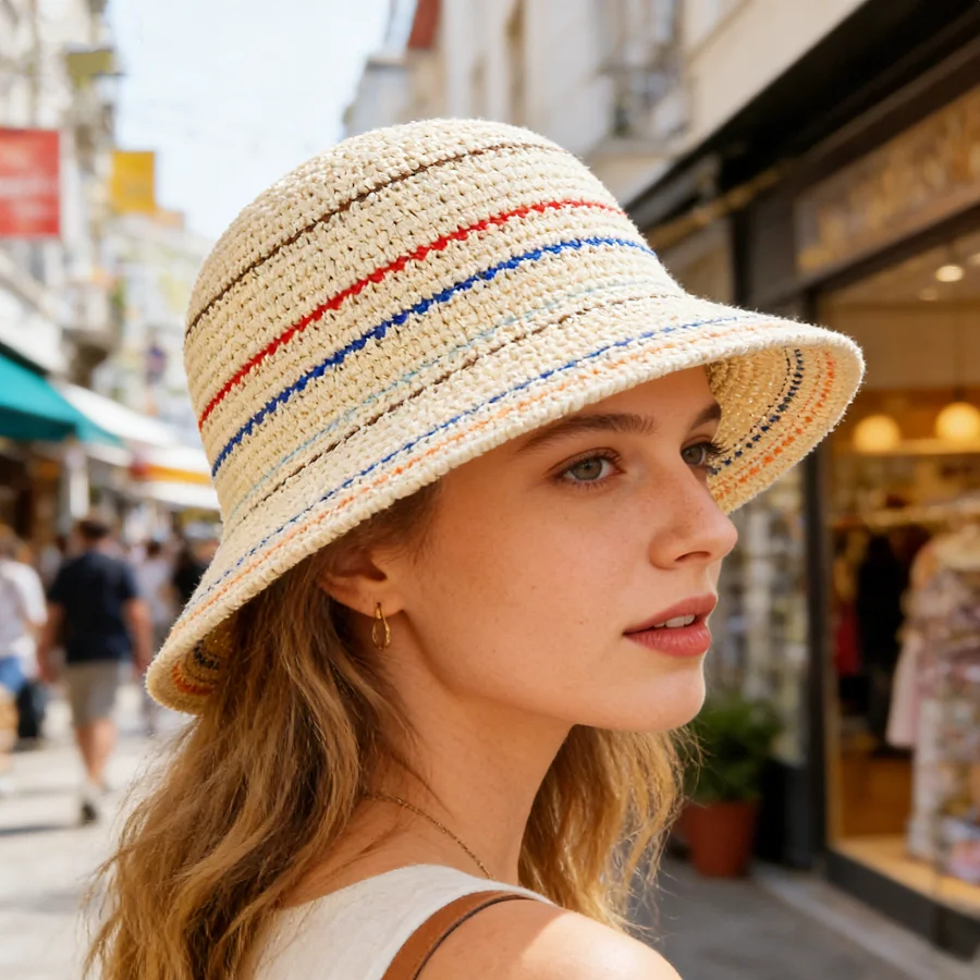 Color-Blocked Striped Handmade Knit Hat, Women's Casual Sun Protection Bucket Hat, Vintage Style That Makes the Face Look Smaller, Suitable for Daily Casual Wear, Commuting, Shopping, Holiday Gifts