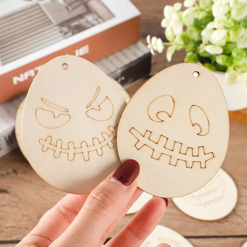 10 pezzi di legno Halloween Hanging Crafts Hallow Egg Face Ornament per la festa di Halloween decorazioni per la casa bambini regali di pittura fai