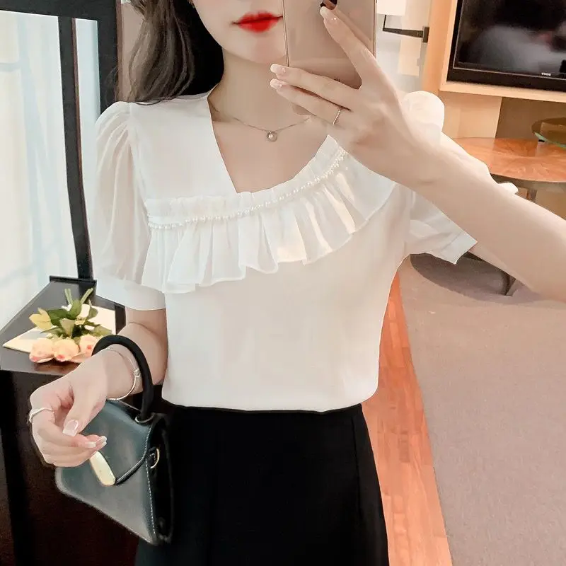 Summer Fashionable Sweet Solid Female Skew Collar Shirt Korean Casual Ruffles Patchwork Puff Sleeve Blouse Women\'s Clothing