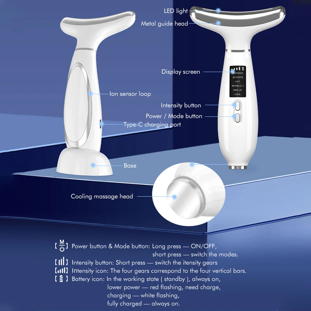 Pescoço e Rosto Beleza Dispositivo, EMS LED Photon Therapy, Facial Lifting Massager, Duplo Chin Remover, Remoção de Rugas, Skin Lift, Apertar