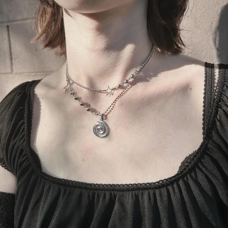 Stainless steel spiral pendant necklace / layered choker / star charm necklace / grunge cyber y2k fairycore subversive archive