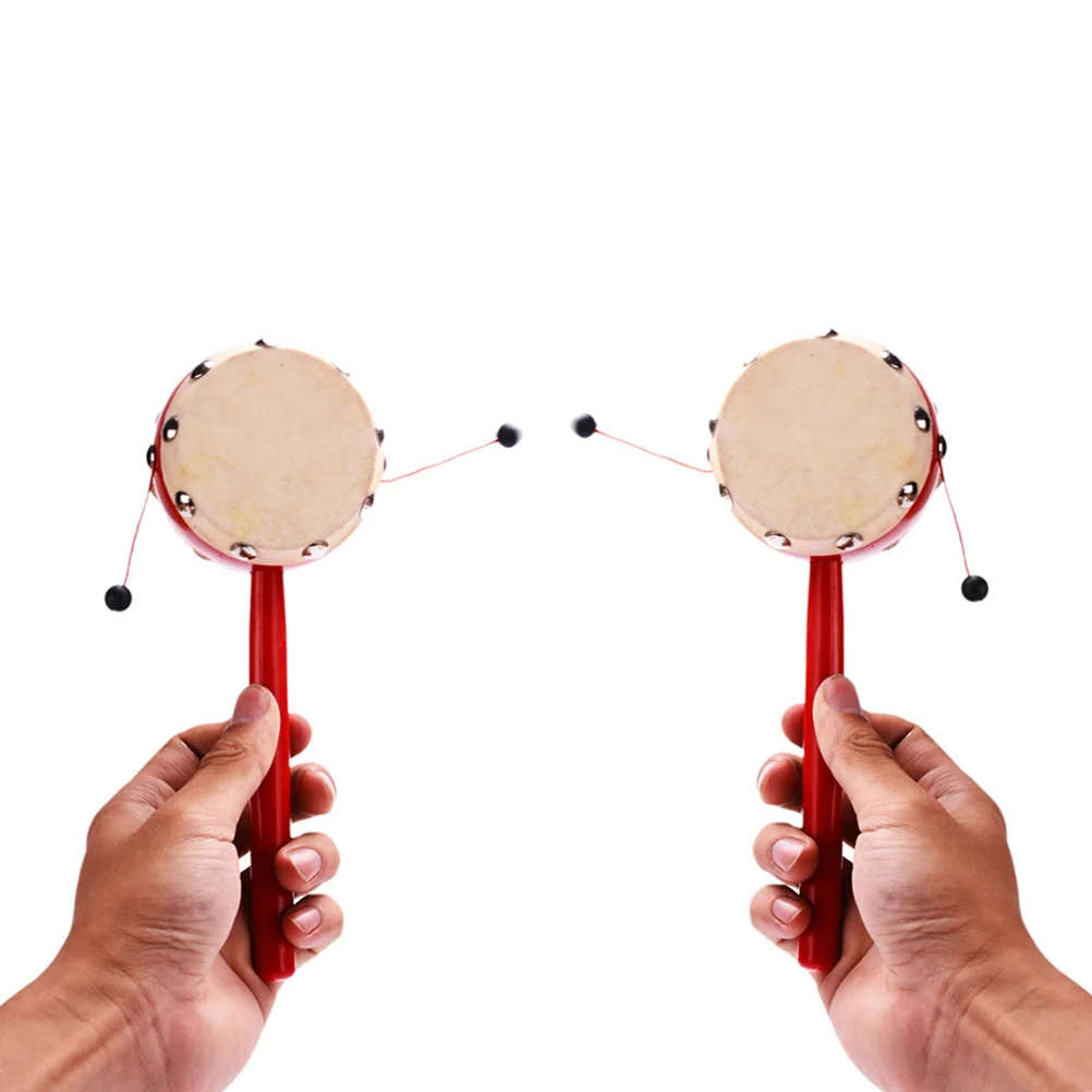 2 Stuks Houten Rammelaar Drum Duurzaam Rood Handvat Chinese Traditionele Baby Schudden Muziekinstrument Vroeg Leren Gift