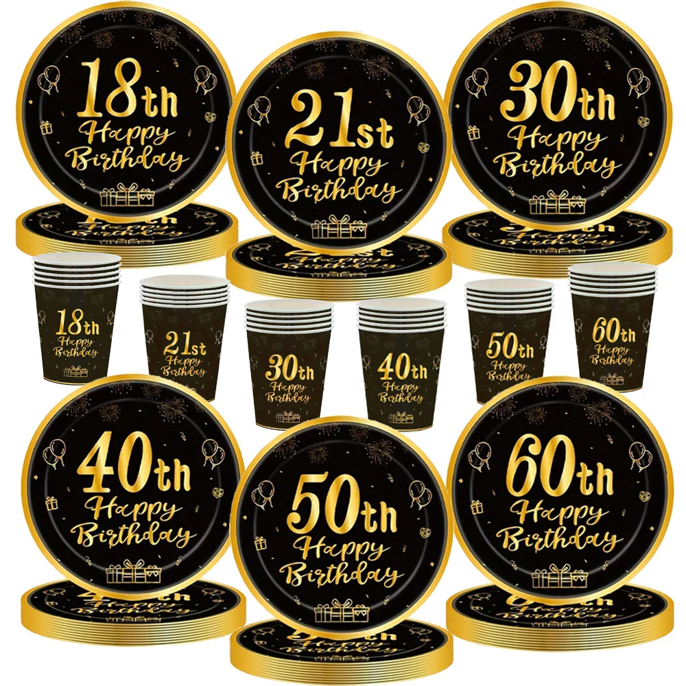 Black Gold Disposable Tableware Paper Plates Cups Napkins 18th 21th 30th 40th 50th 60th Birthday Party Decoration Supplies