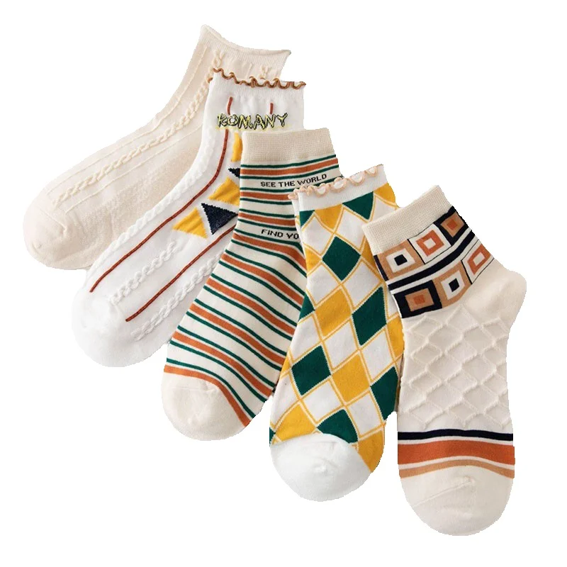 Socks For Women Personalized Embossed Colored Checkered Striped Cotton Socks INS British Style Women's Mid Tube Socks I112