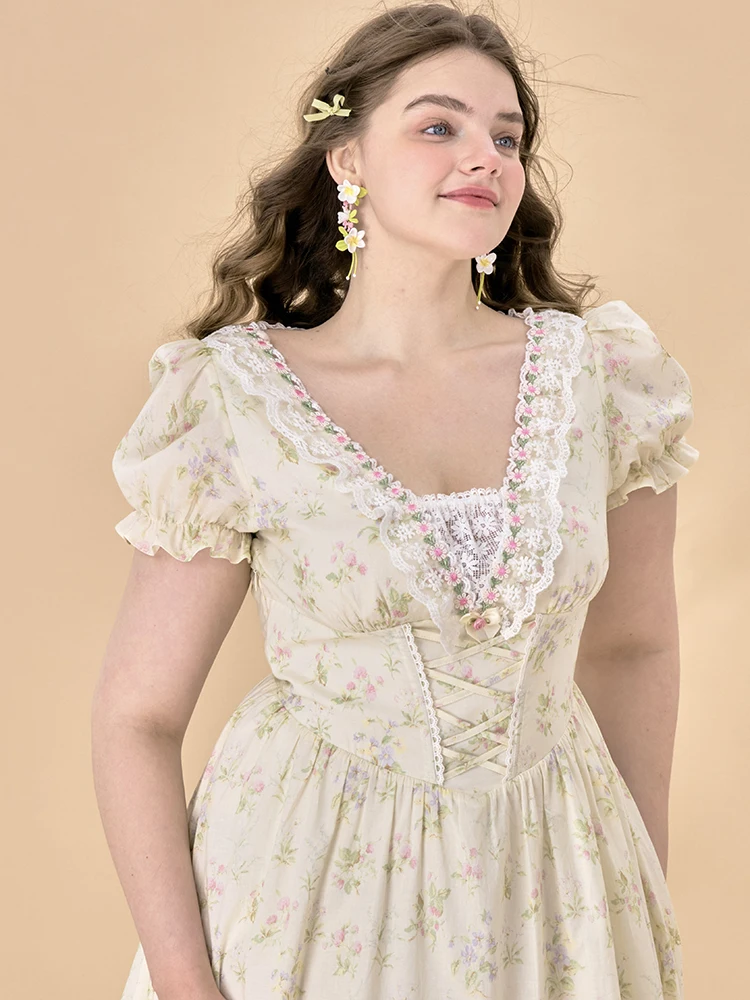 

Large Size Floral Print Fishbone A-Line Dress French Style Cotton Casual Dress for plus Size Women Spring Summer Dress