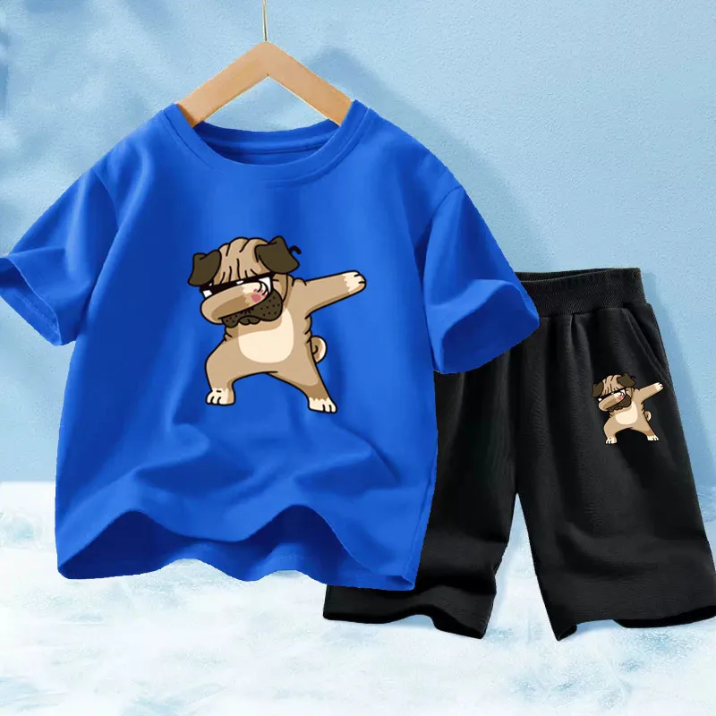 2PCS Children's Sets Kids Clothes Boys Cartoon Dab Dog Print T-shirt Shorts Summer Cotton Short sleeve Children Clothing Suit