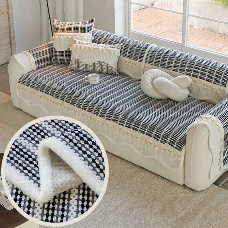 Nordic Striped Sofa Cover with Tassels Anti-Slip Couch Cushion for Living Room Twill Irregular Furniture Protection Slipcover