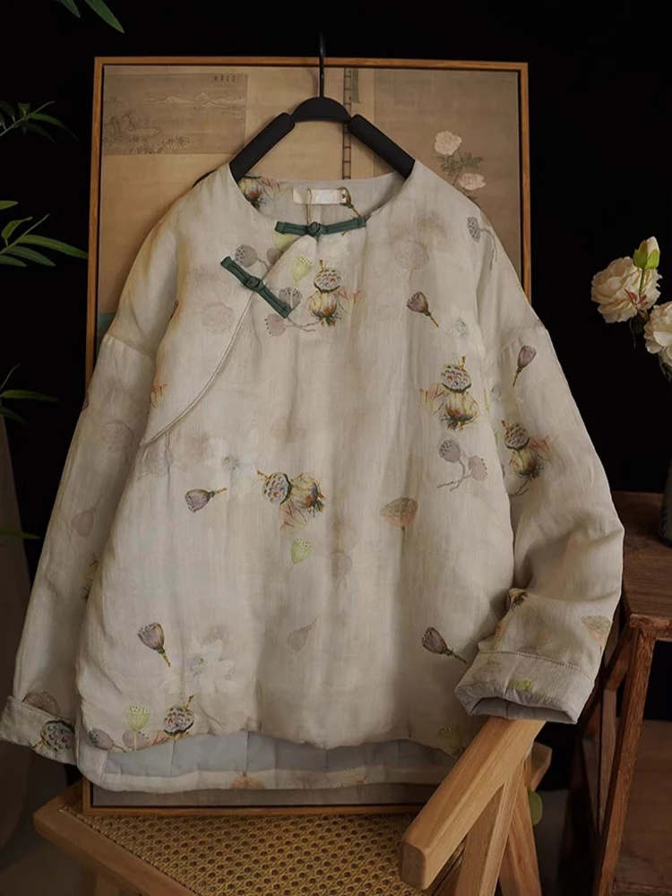 

Новая женская хлопковая куртка с принтом в китайском стиле, зимняя теплая темпераментная куртка с наклонным воротником и пряжкой