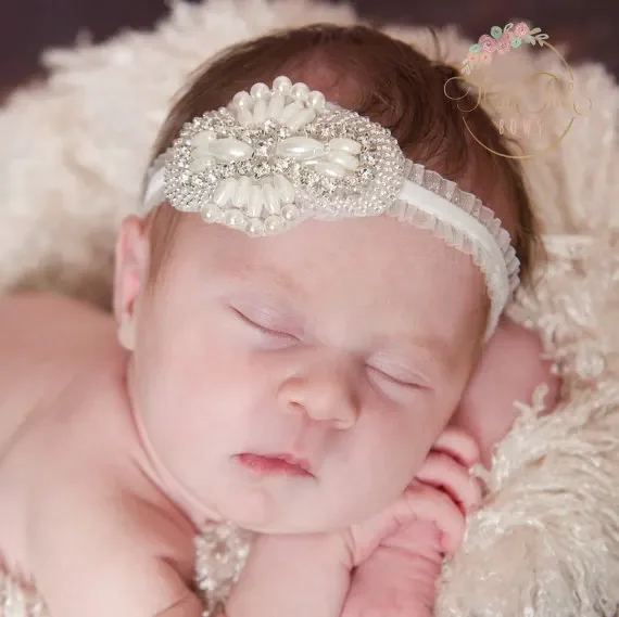 Yundfly Vintage Baby Girls Pearl Flower Rhinestone Headband Elastic Kids Hair Accessories Newborn Photo Prop