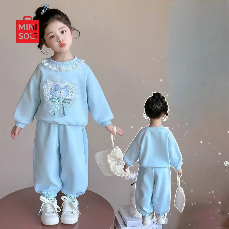 

Miniso 2025 Girls 2-Piece Set, Elsa Lace Hoodie & Pants Cartoon Outfit for Toddlers & Kids