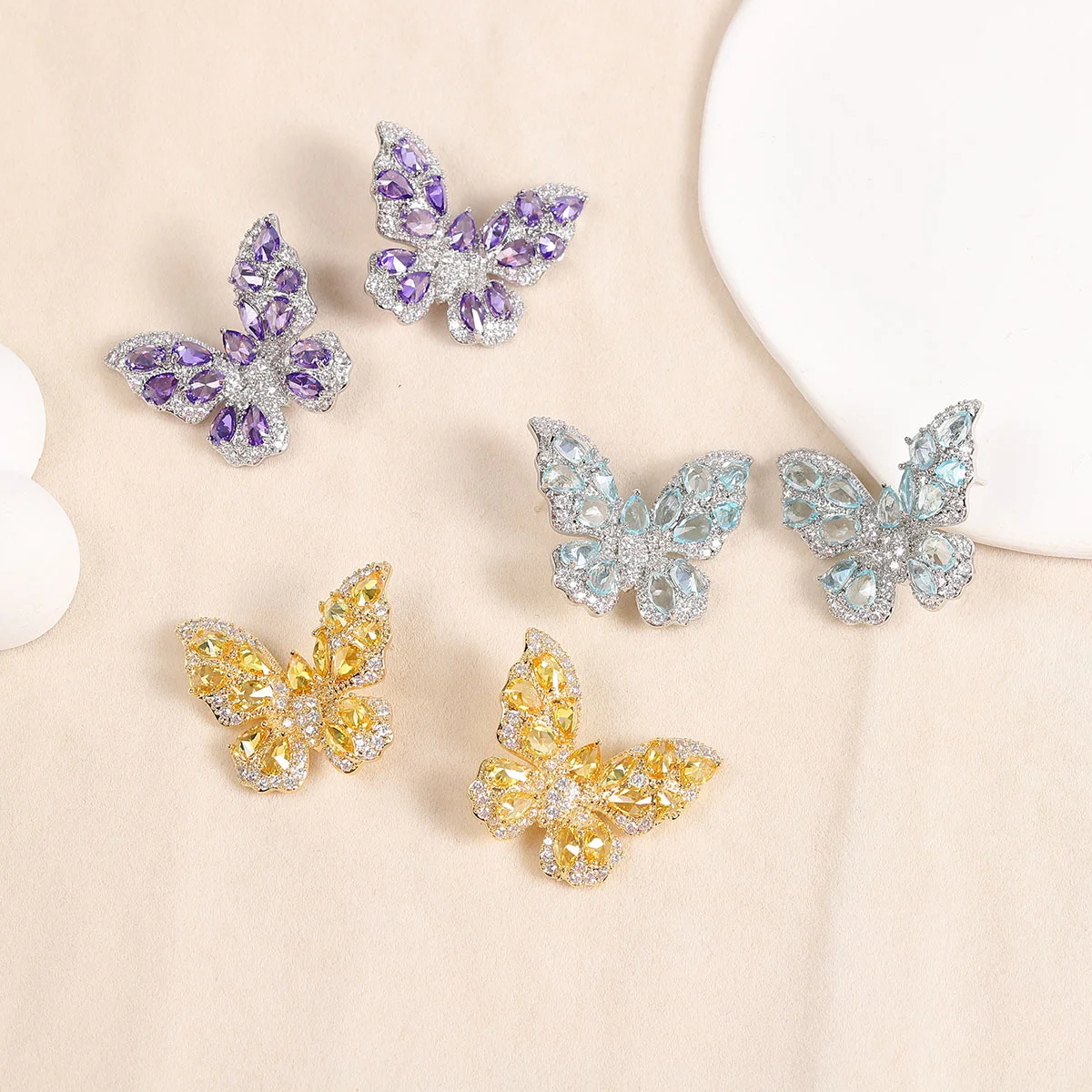 

925 Silver Luxury Big Butterfly Earrings for Women, Exotic Purple Sky Blue CZ Stud Earrings, Luxury Statement Jewelry