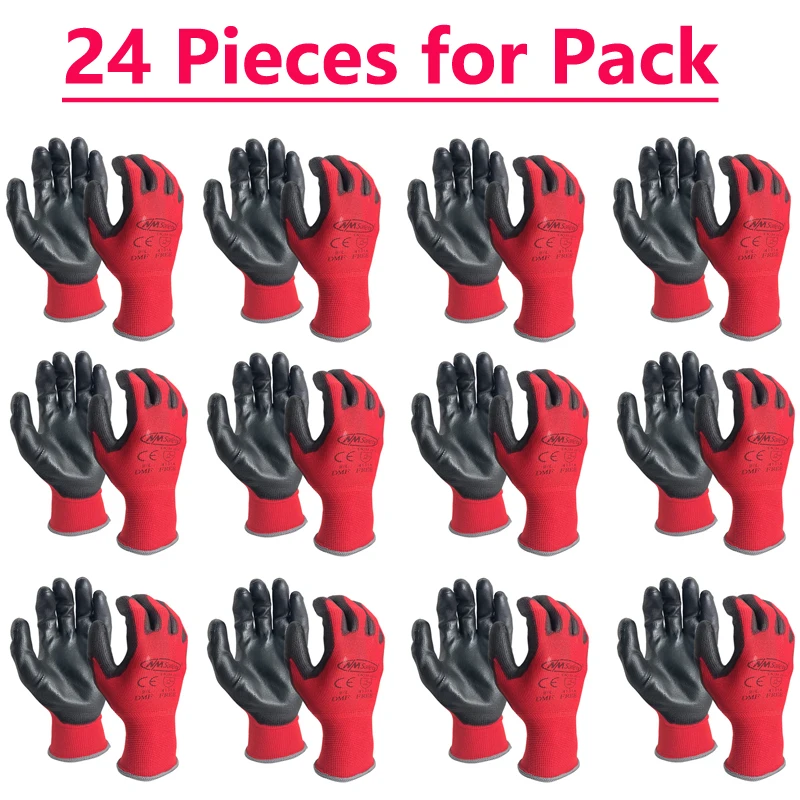 

NMSafety 12 Pairs Garden Man Safety Gloves With Knitted Red Nylon Dipped PU Coated Palm Security Protective Work Gloves