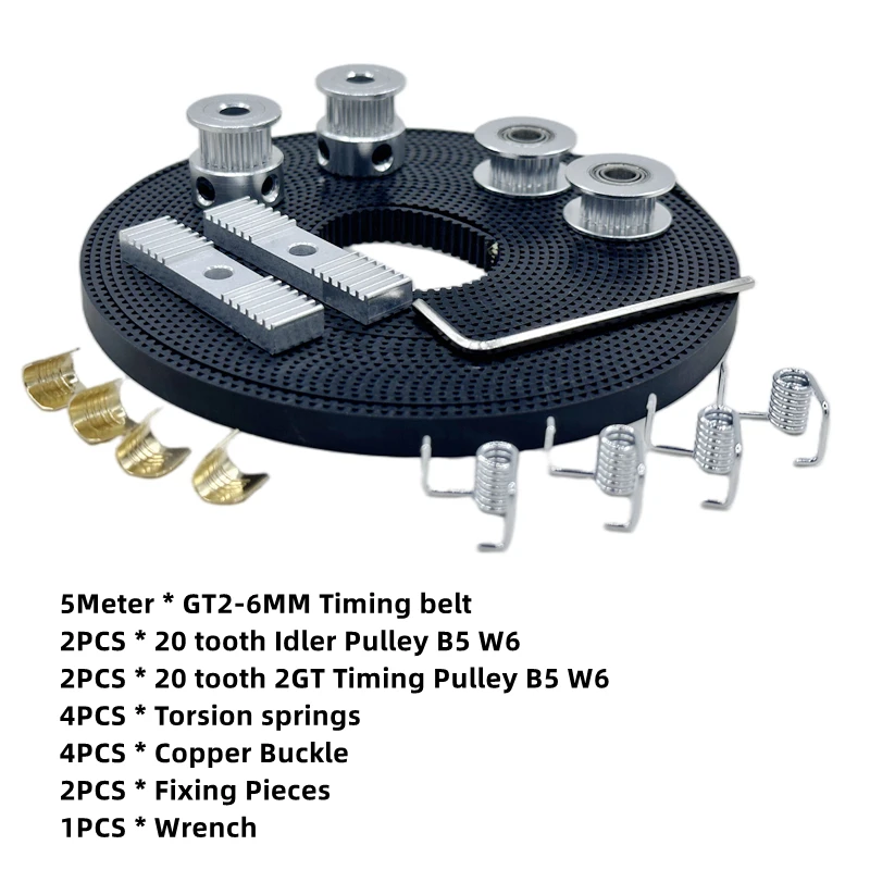 20PCS DIY Kit 2pcs 20 Tooth Pulley 5m 6MM GT2 Timing Belt 2pc Fixing Pieces 4pc Copper Buckle 1pc Wrench Timing Belt Pulley Set