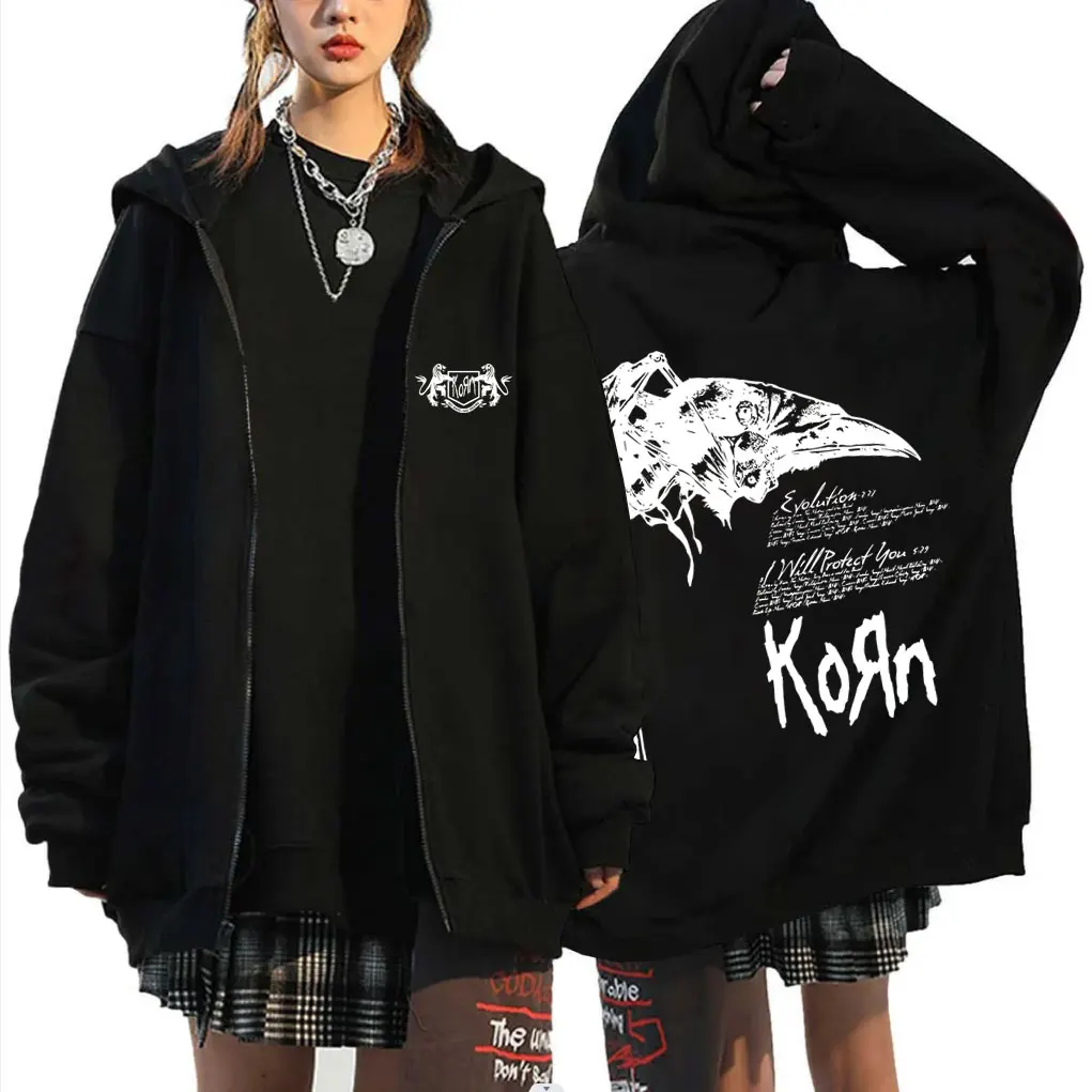 Sudadera con capucha de Rock Band Korn para hombre, chaqueta con cremallera con estampado gráfico de los 90, música alternativa de Metal, Vintage, de gran tamaño, forro polar con cremallera