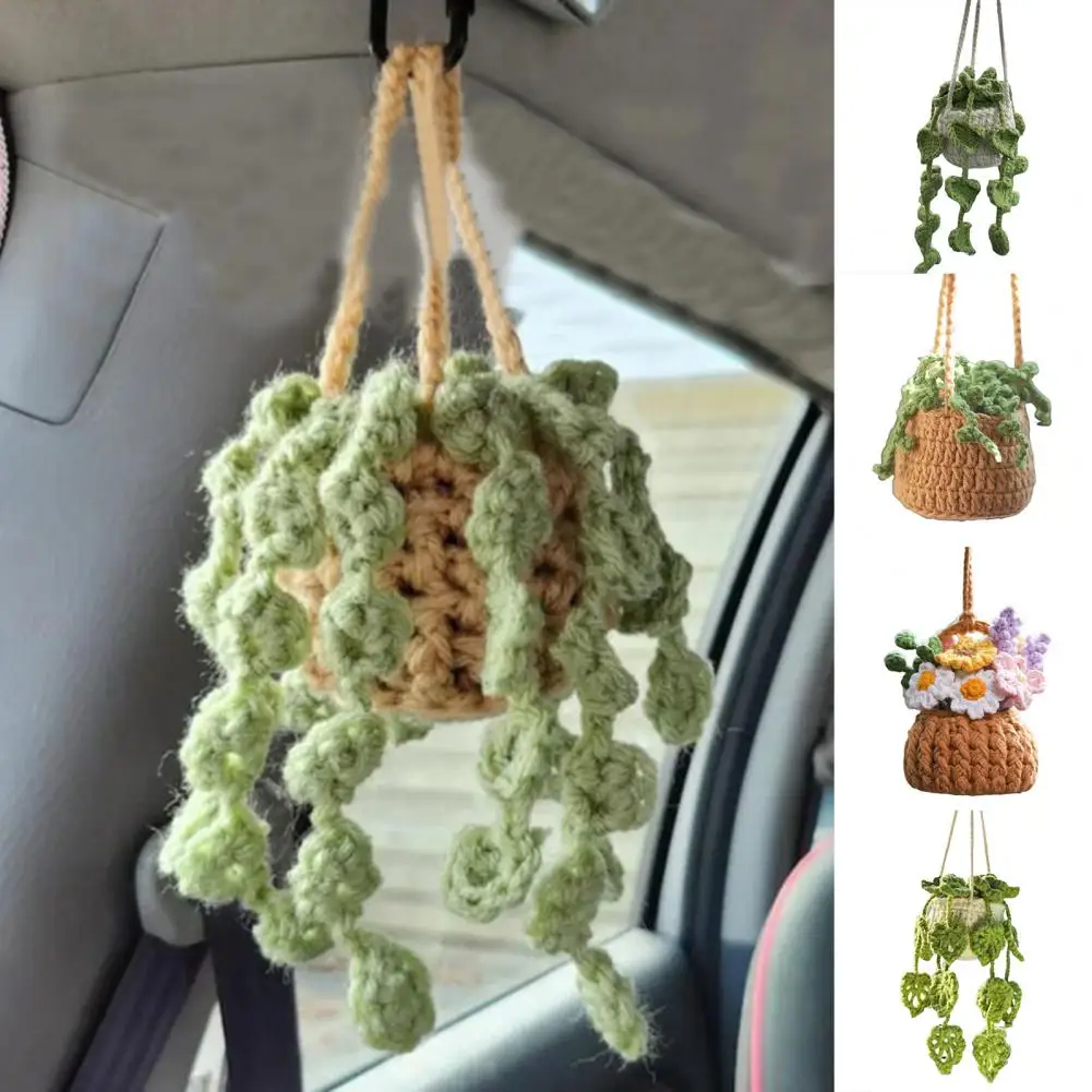 

Car Plant Ornament with Lanyard Easy Hanging Cute Potted Plants Crochet Decor Boho Knitted Rear View Mirror Car Interior Decor