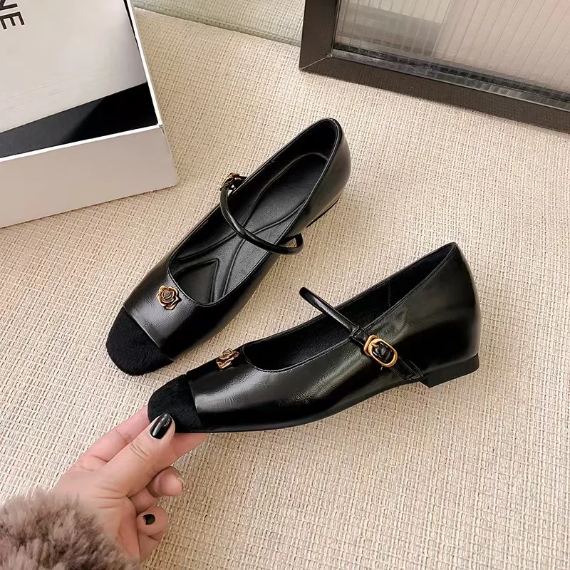 

Simple Flower Mary Jane Shoes Spring New Round Head One Strap Vintage Metal Buckle Casual Office Square Heel Flat Women Shoes
