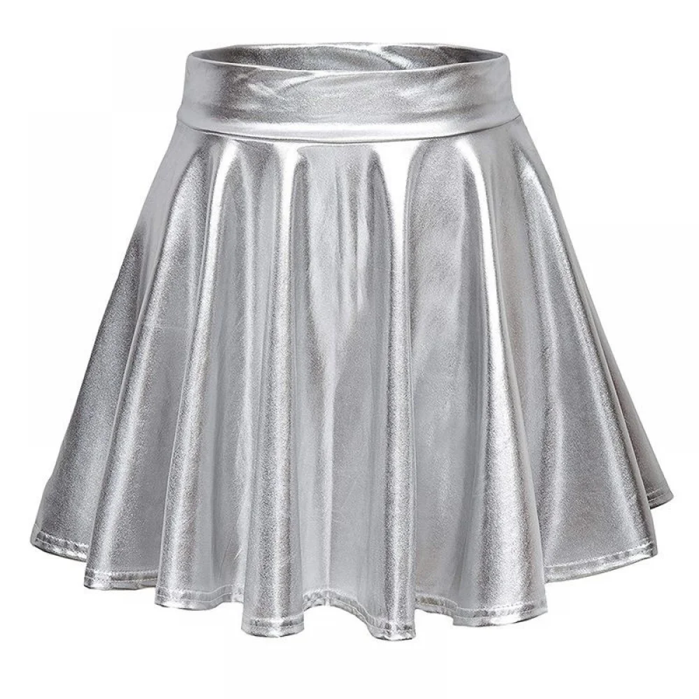 Women Shiny Metallic Skater Skirt High Waisted Holographic Pleated Skirt for Ballet Dance Party Costume for School Girl Clubwear