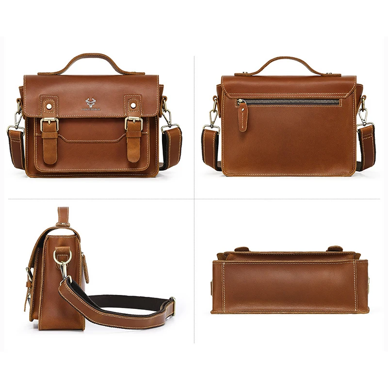 Men'S Shoulder Bag Top Layer Genuine Leather Cowhide Vintage Briefcase Tote Handbag Messenger Crossbody Side Portable Square Bag - view 5