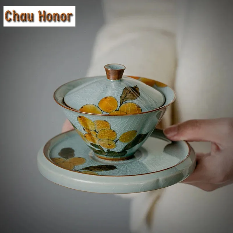 100ml Boutique Borneol Glaze Ceramic Tea Tureen Pure Hand-painted Loquat Art Sancai Covered Bowl Tea Maker Gaiwan Kung Fu Teaset