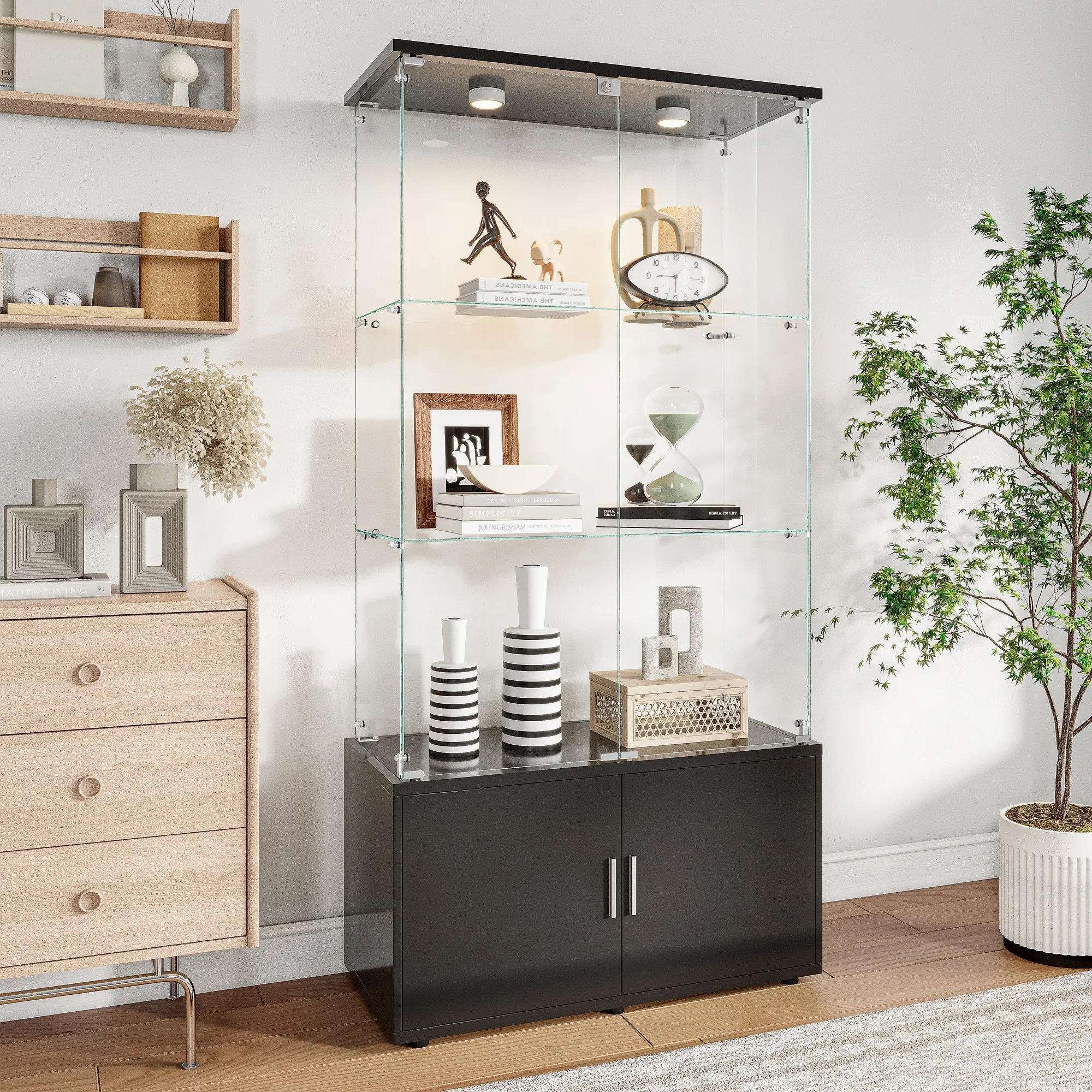 Fangange moderne LED glazen vitrinekast, dubbele deuren, 3-laags verzamelkast met onderste houten kasten