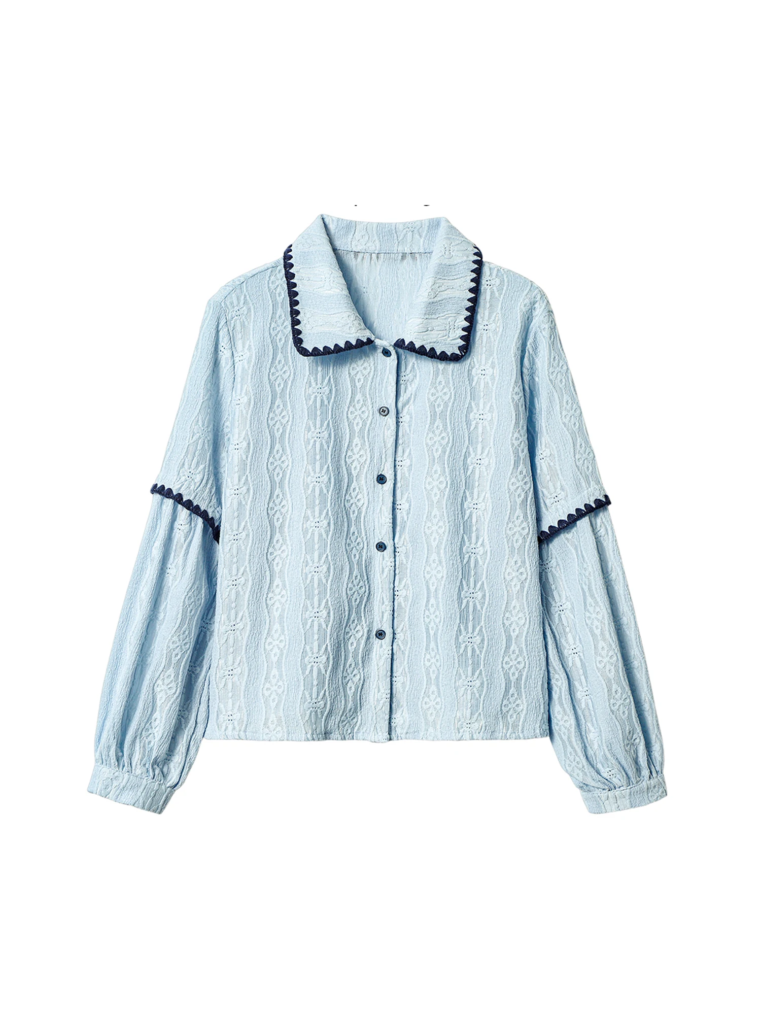 

Women Blue Shirts Blouses Vintage Elegant 2000s Long Sleeve Peter Pan Collar Embroidery Shirt Fashion Clothes Spring Autumn 2025