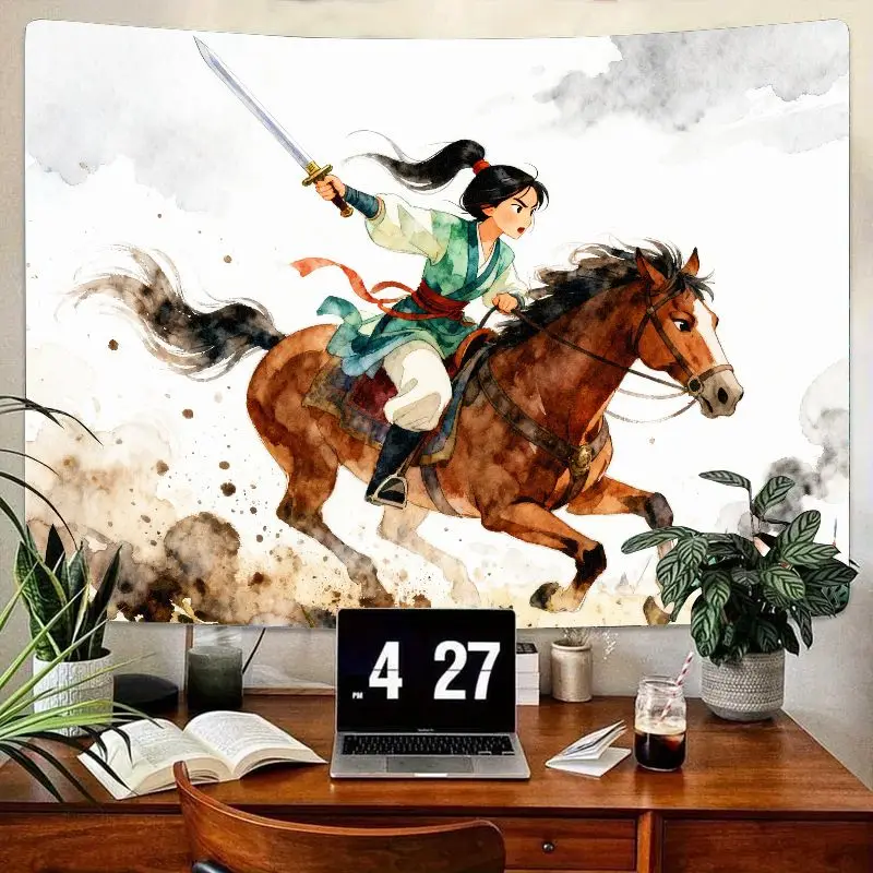 

1PC Mulan-Inspired Warrior Horse Tapestry, Dynamic Asian Folk Art Polyester Wall Hanging Decor Gift