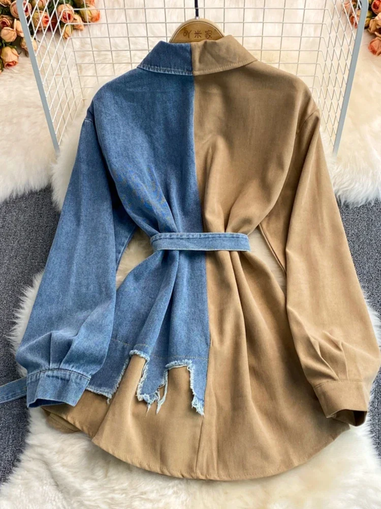 Women\'s Blouse Spring Denim Patchwork Corduroy Lapel Dress Korean Fashion Waist Irregular Medium Length Dresses New Women Shirt