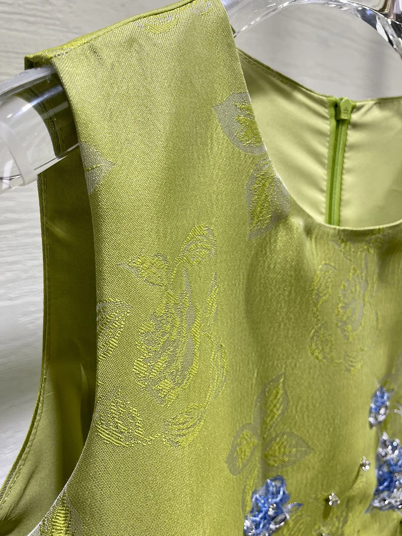 MIUXIMAO 2025 แฟชั่น Royal Luxury Jacquard ฤดูร้อนชุด 3D ดอกไม้เพชรชุด A-LINE สั้นสีเขียวชุดผู้หญิง Vestides