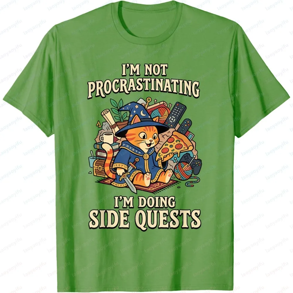 Fashion Men T-shirt Wizard Cat Side Quests Short Sleeve Summer Casual Tee Humor Slogan Print Design Breathable Fashion Tops