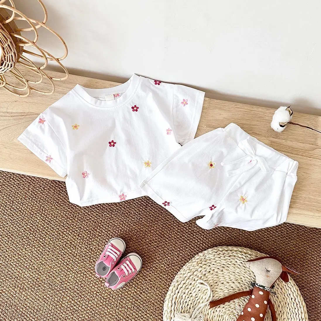 Newborn Baby Summer Baby Girls Clothing 2PCS Cotton Small Flower Print Short Sleeved T-shirt+Shorts 0-3Y Casual Infant Set