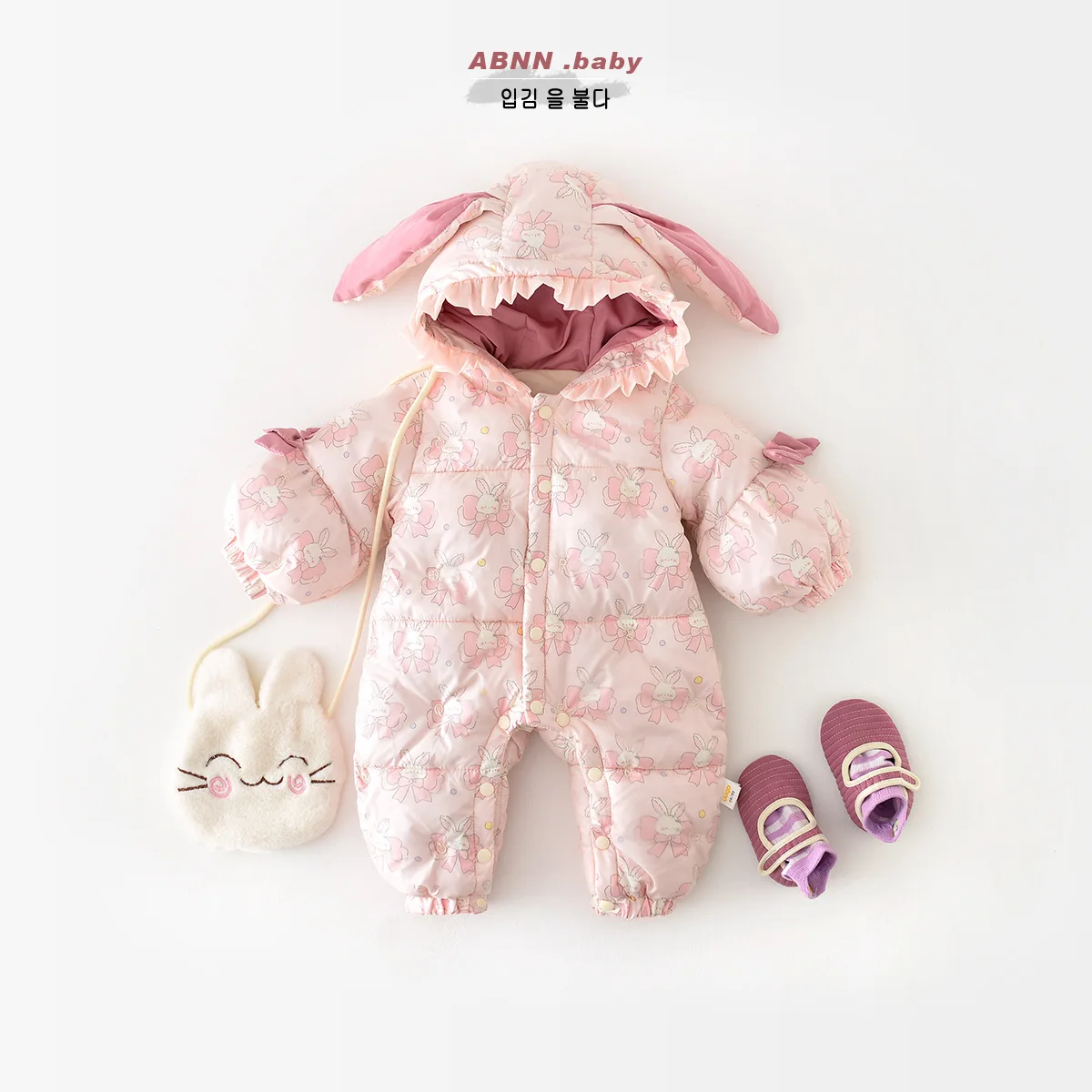 2024 Winter Baby Girls Parkas Floral Cotton Quilted Plus Velvet Hooded Infant Girls Jumpsuit Wam Rabbit Ear Newborn Girls Romper