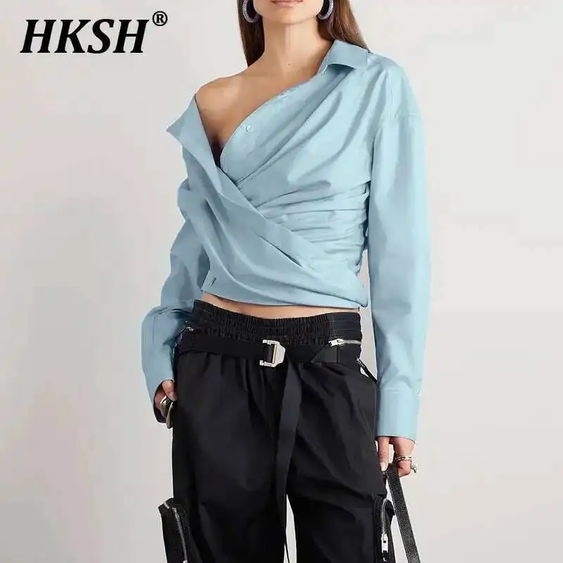

HKSH 2025 Spring New Women Niche Design Irregular Cross Off Shoulder Tops Design High Sense Long Sleeve Shirt Chic Shirts HK4303