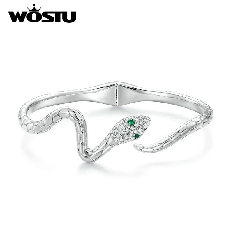 WOSTU Silver Color Classical Snake Open Bangle Bracelets For Women Men Green White Zircon Charm Bracelet Unique Jewelry Gift