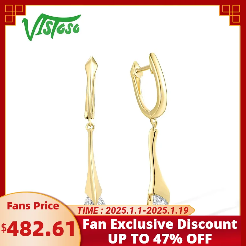 VISTOSO Real 14K 585 Yellow Gold Drop Earrings For Women Sparkling Diamond Fantastic Simple Wedding Anniversary Fine Jewelry