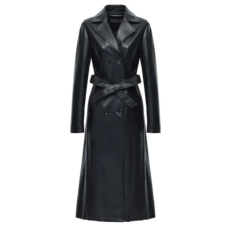 Leather Jacket Women's Medium and Long Over-the-knee Pu Leather Trench Coat Autumn and Winter New high appearance level Coat