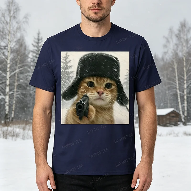 Wacky Cat Wearing Ushanka Hat Russian Meme Cat Humor T-Shirt Y2k Quirky Kitty Graphic Tee, Men's Fashion Snow Kitty Parody Shirt