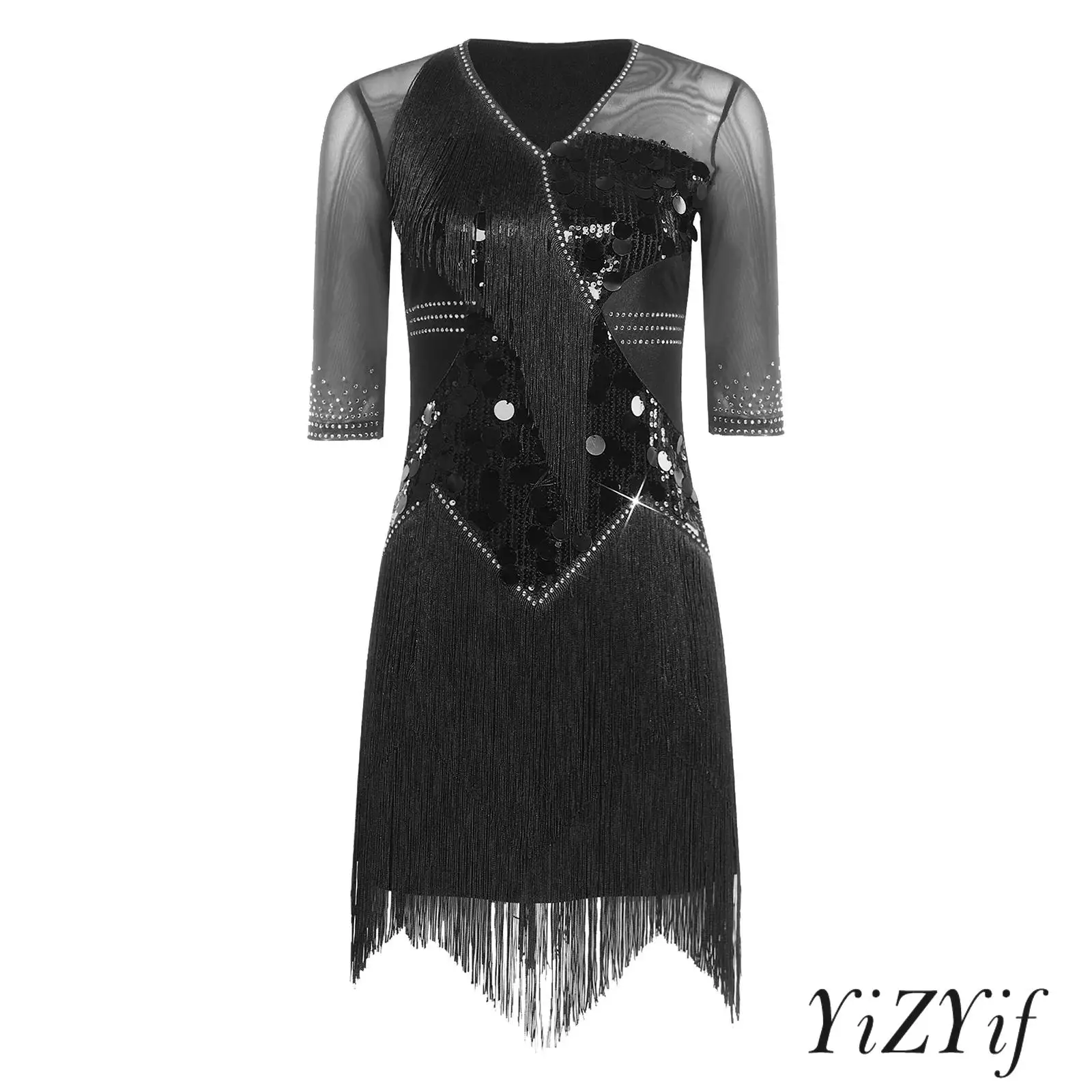 

Womens Latin Dance Performance Dress Outfit Glittery Sequins Rhinestone V Neck Half Sleeve Tiered Tassel Dress Tango Salsa Dress