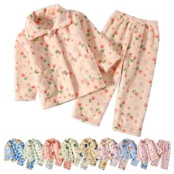 Cute Cartoon Pattern Coral Fleece Flannel Pajama Sets for Boys And Girls Long Sleeve Warm…