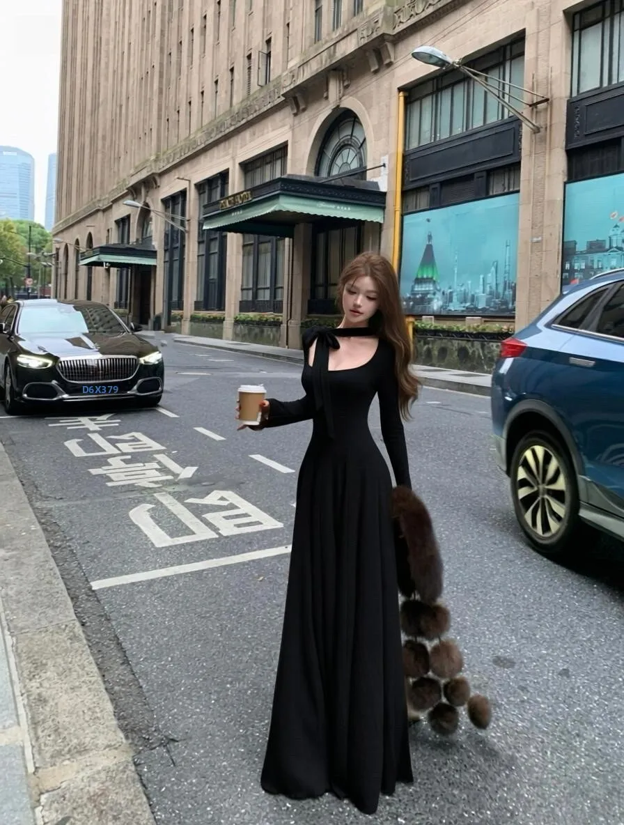 黒のスクエアカラーニットベルト付きaラインワンピース-レディースファッション-春-ウエストシェイプ-ロングワンピース-ガールズ-バレエスタイルワンピース