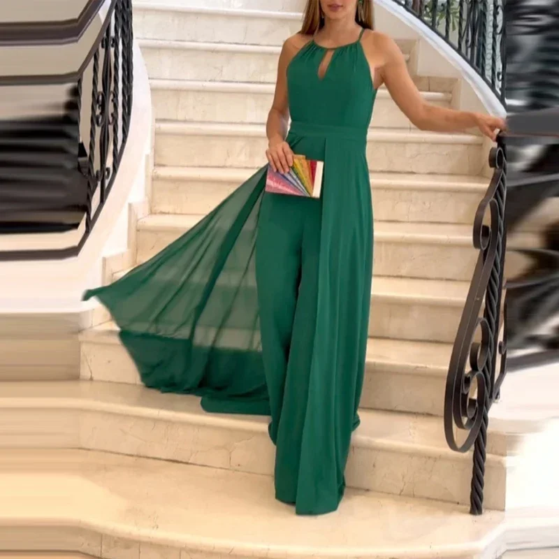 Mono largo sin mangas para mujer, traje elegante con capa ahuecada, color verde liso, pantalones de pierna ancha y cintura alta, moda de verano