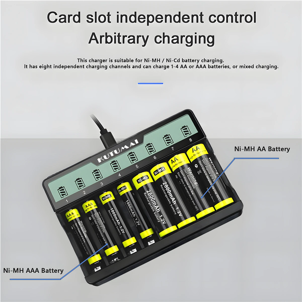 Battery Charger 8 Slots Smart Protection LCD Display USB Output For AA/AAA Ni-MH NI-CD Independent Rechargeable Batteries Charge