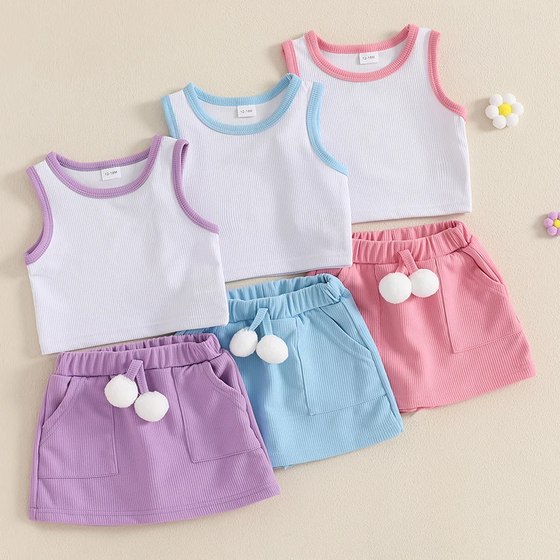 2Pcs Toddler Girl Summer Clothes Sleeveless Round Neck Tank Tops Plush Ball Skorts Shorts Outfit