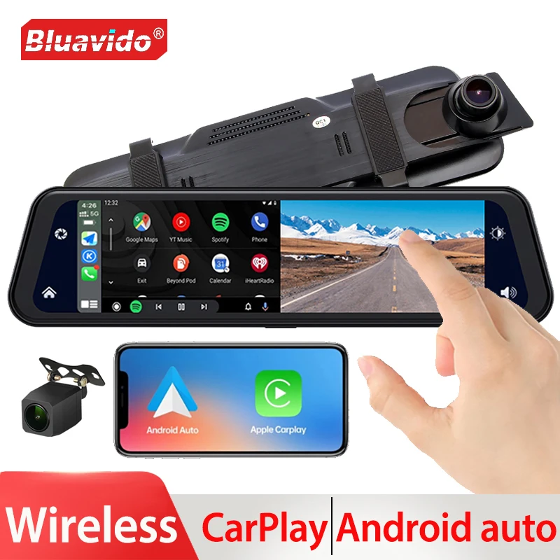 9.66 Inch Car Rearview Mirror Dash Cam Wireless Carplay & Android Auto 4K Dual Lens Video Recorder WiFi Connect APP Control