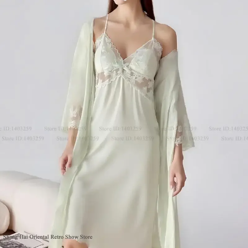 

Сексуальная ночная рубашка на подтяжках, комплект халатов, элегантное зеленое кружевное свадебное белье, ночная рубашка, женская одежда для сна, домашнее платье из ледяного шелка, одежда для дома