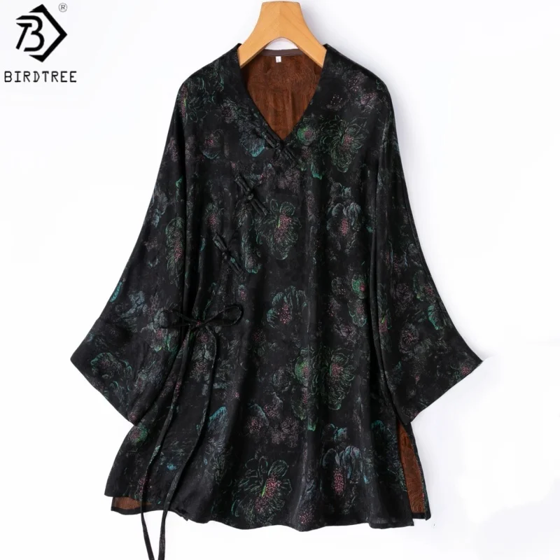 Birdtree, 24MM 100% Silk Jacquard Satin Tshirt, Raglan Sleeve, Slanted Collar, Women Floral-luo Xiangyunsha 2026 Shirt T66010JF